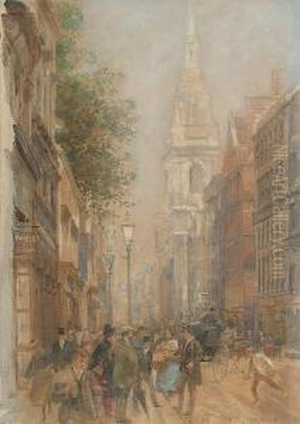 A Busy Street In The City Of London. Oil Painting by Henry Edward Tidmarsh