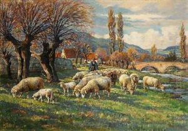 Schafer Mit Seiner Herde Oil Painting by Willy Tiedjen