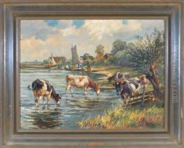 Kuhe Am Ufer Vor Einem Dorf In Norddeutscher Landschaft Oil Painting by Willy Tiedjen