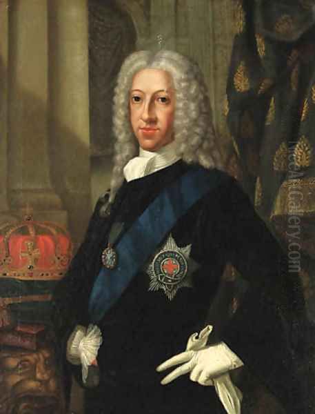 Portrait of the Old Pretender (1688-1766), half-length, in a blue coat and white jabot, wearing the Order of the Garter Oil Painting by Cosmo Alexander