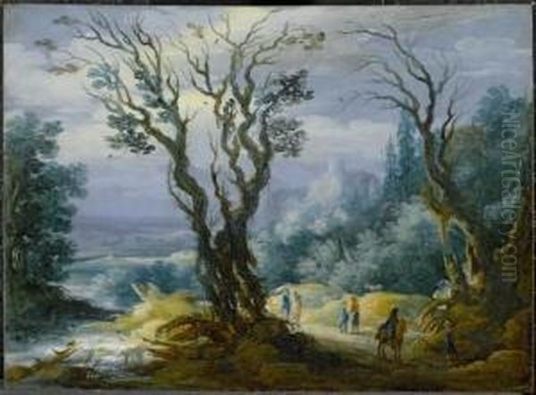 Forest Landscape With Rider And Figures Oil Painting by Johannes Tielius