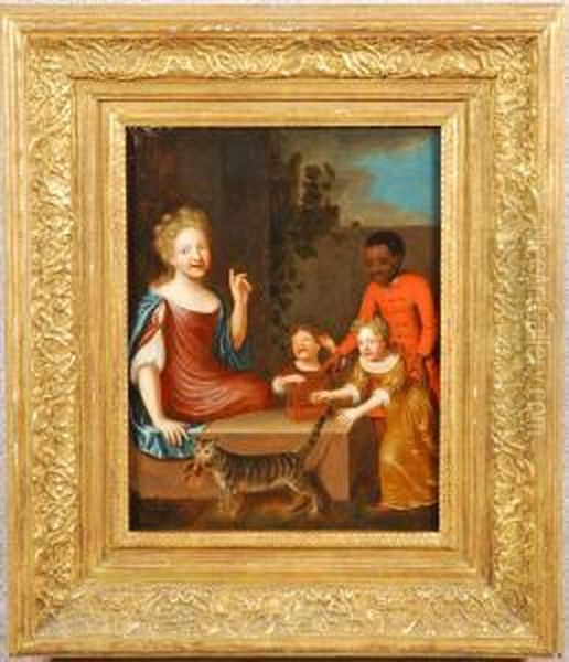 Four Figures In A Garden Oil Painting by Johannes Tielius