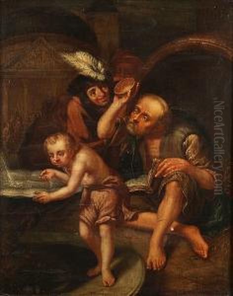 Diogenes Of Sinope Throwing Away His Bowl On Witnessing A Young Child Drinking Water From A Fountain With His Cupped Hand Oil Painting by Johannes Tielius