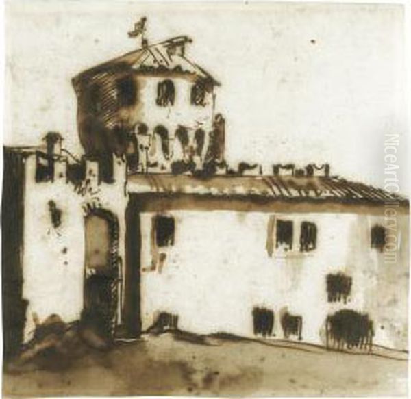 A Fortified House With A Round Tower Oil Painting by Giovanni Battista Tiepolo