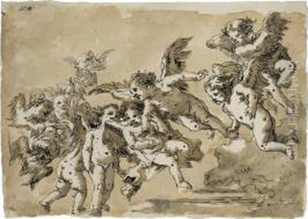 Putti And Seraphim In Flight Oil Painting by Giovanni Domenico Tiepolo