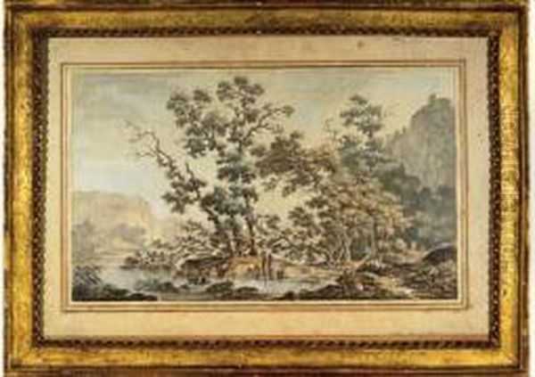 Paysage Lacustre Aux Lavandieres Oil Painting by Jean-Baptiste Tierce