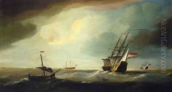 English and Dutch Men of War in a Swell Oil Painting by Thomas Allen