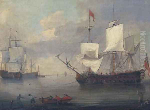 Airing ship - warships of the fleet lying at anchor offshore Oil Painting by Thomas Allen