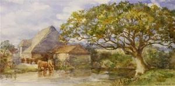 Cattle Watering By Farm Cottages Oil Painting by Francis Browne Tighe