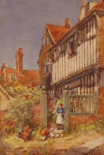 Girl Feeding Chickens Outside The Mermaid Inn Oil Painting by Francis Browne Tighe