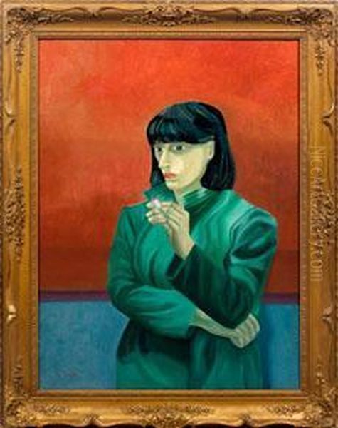 Junge Frau In Grunem Mantel Oil Painting by Lajos Tihanyi