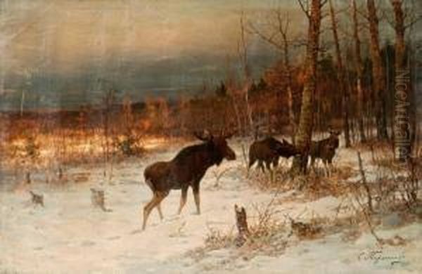 Elks In Winter Oil Painting by Efim Tikhmenev