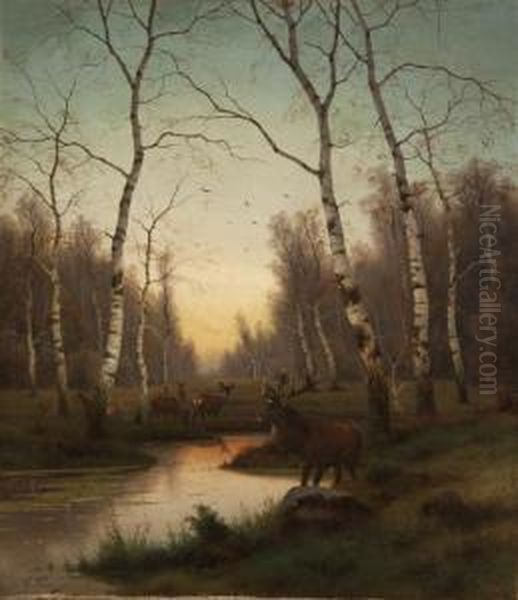 Elk Among The Trees Oil Painting by Efim Tikhmenev