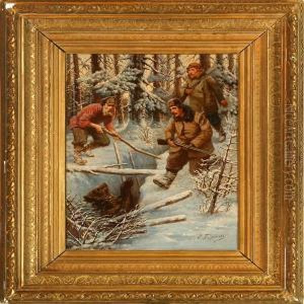 Russian Bear Hunt Scene Oil Painting by Efim Tikhmenev