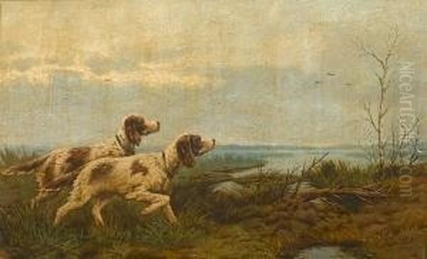 English Setters On Point Oil Painting by Efim Tikhmenev