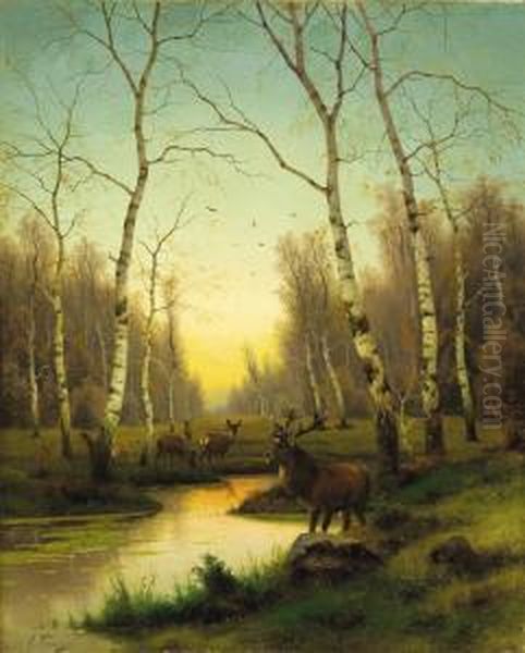 Elk In The Forest At Dawn Oil Painting by Efim Tikhmenev