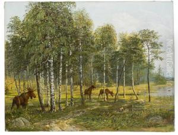 Elks In The Forest Oil Painting by Efim Tikhmenev