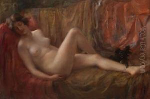 Nude With A Dog Oil Painting by Vitali Gavrilovitch Tikhov