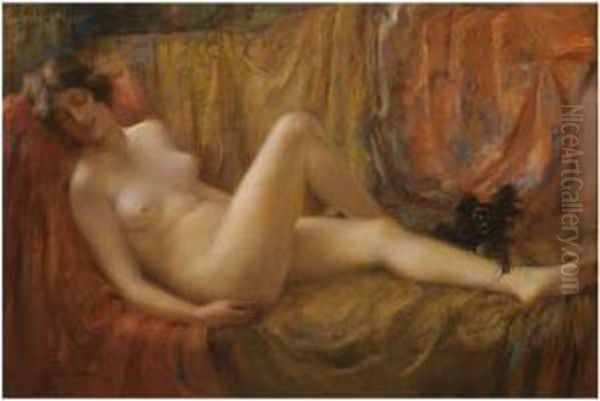 Nude With A Dog Oil Painting by Vitali Gavrilovitch Tikhov