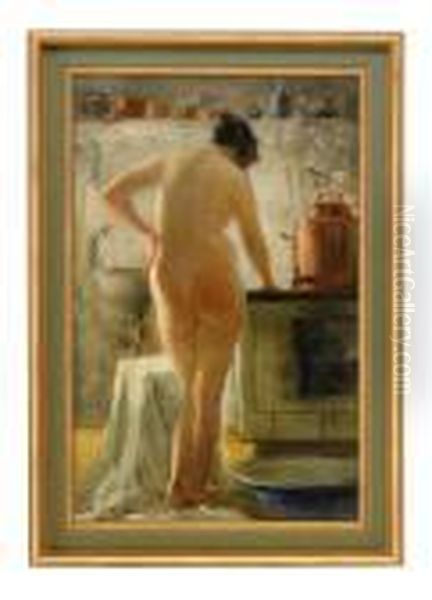 Female Nude In The Kitchen Oil Painting by Vitali Gavrilovitch Tikhov