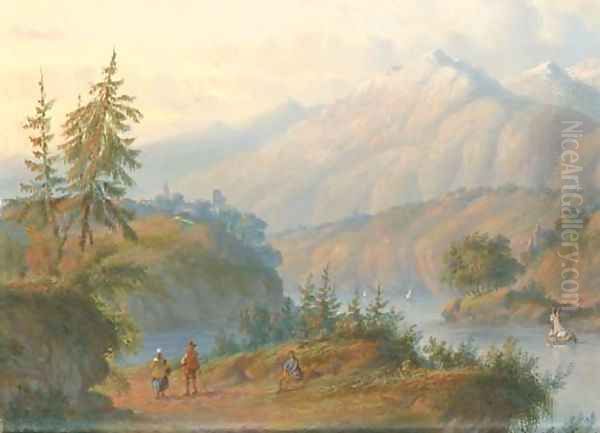 Figures in an Alpine landscape Oil Painting by Carl Eduard Ahrendts