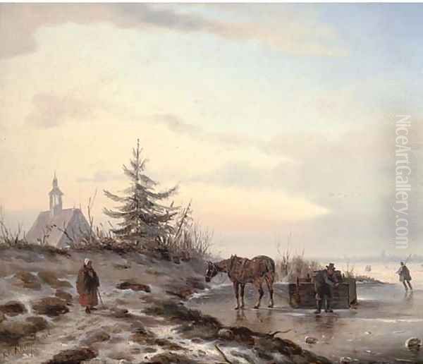 Securing a barrel on the ice Oil Painting by Carl Eduard Ahrendts