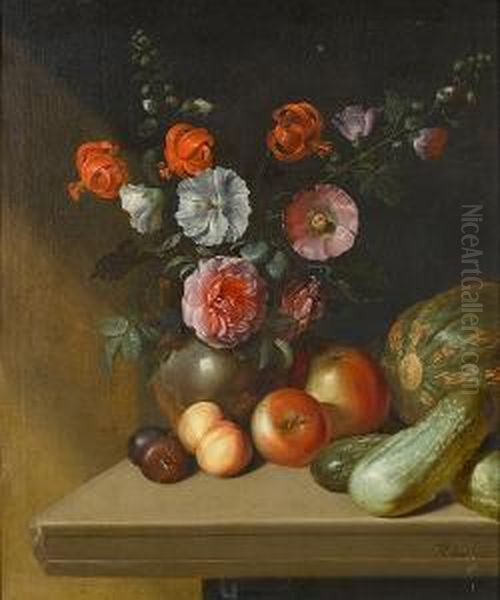 Roses, Delphiniums, Red Turban Cap Lillies And Other Flowers In A Pewter Vase With Apples, Plums And Marrows On A Stone Ledge Oil Painting by Simon Peter Tilemann