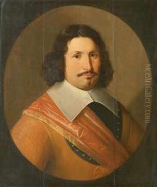 Portrait Of A Gentleman, Half-length, In An Orange Costume With A Red Sash, In A Painted Oval Oil Painting by Simon Peter Tilemann