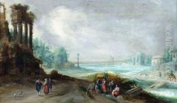 Weite Landschaft Mit Romischen Ruinen Und Figurenstaffage Oil Painting by Johannes Tilens