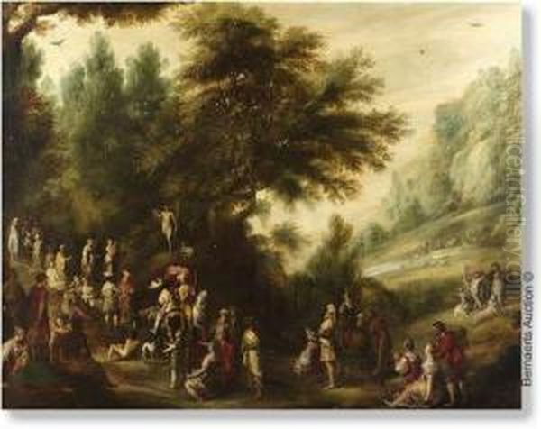 Preaching Christ In A Mountainous Landscape. Canvas Oil Painting by Johannes Tilens