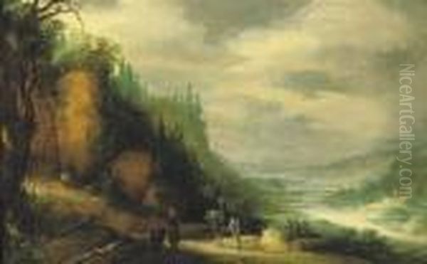 A Rocky River Landscape With Travellers On A Track Oil Painting by Johannes Tilens