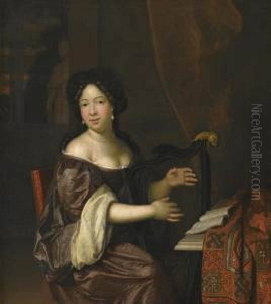 A Young Lady Playing The Harp Oil Painting by Jan Tilius