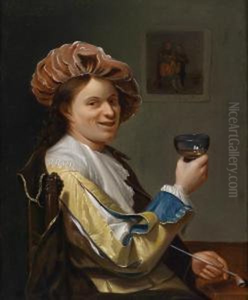 A Young Man With A Wine Glass In Elegantdress Oil Painting by Jan Tilius