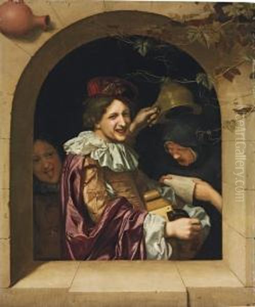 A Hurdy-gurdy Player With An Old Woman Singing And A Mocking Youth At A Casement Oil Painting by Johannes, Jan Tilius