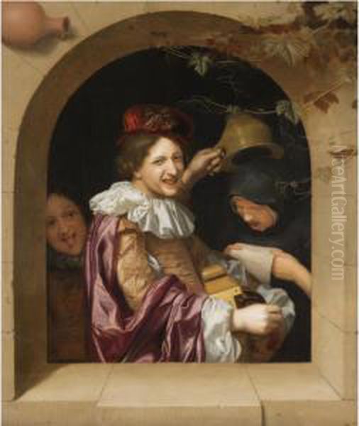 A Hurdy-gurdy Player With An Old Woman Singing And A Mocking Youth Oil Painting by Johannes, Jan Tilius