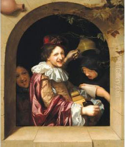 A Hurdy Gurdy Player With An Old Woman Singing And A Mocking Youth Oil Painting by Johannes, Jan Tilius