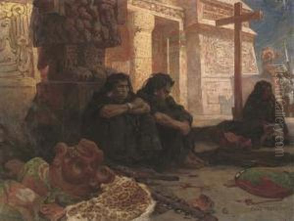 Aztecs By A Temple, With Conquistadors Beyond Oil Painting by Max Tilke