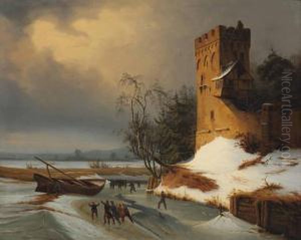 Skating On A Winter Waterway Oil Painting by Leopold Till