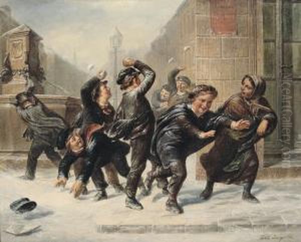 Snowball Fight Oil Painting by Leopold Till