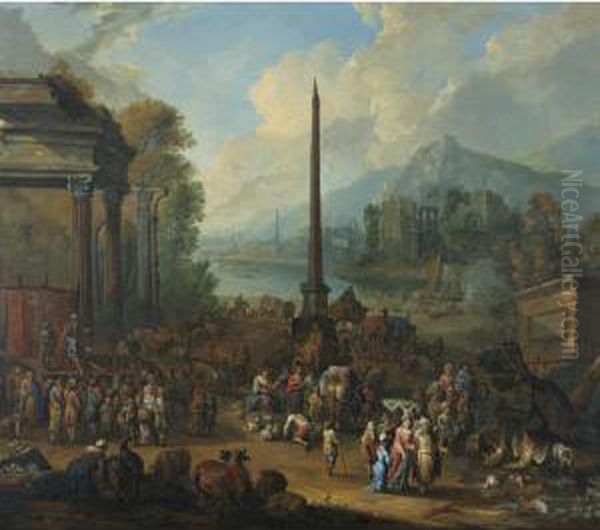 A Harbour Scene With Numerous Figures Attending Market Oil Painting by Peter Tillemans