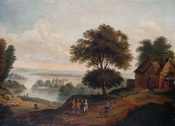 Figures Before A Hillside Cottage, An Extensive Landscape Beyond Oil Painting by Peter Tillemans