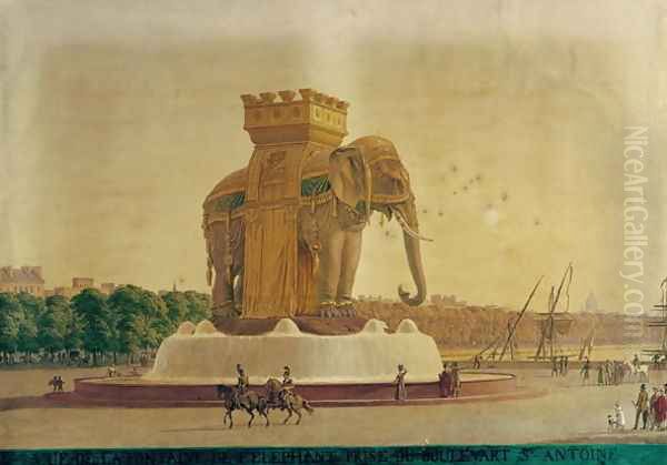 View of the Elephant Fountain at the Place de la Bastille c.1805-1810 Oil Painting by Jean Antoine Alavoine