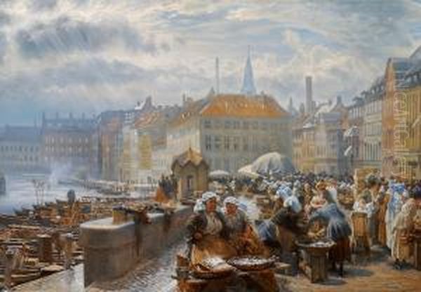 Fishwives Are Selling The Catch On Gammel Strand In The Heart Of Copenhagen Oil Painting by Vilhelm Eyvind Tilly