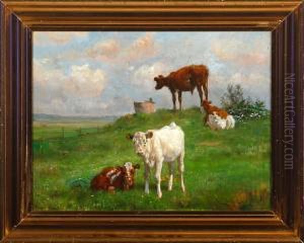 A Summer Meadow With Cows. Signed Oil Painting by Vilhelm Eyvind Tilly