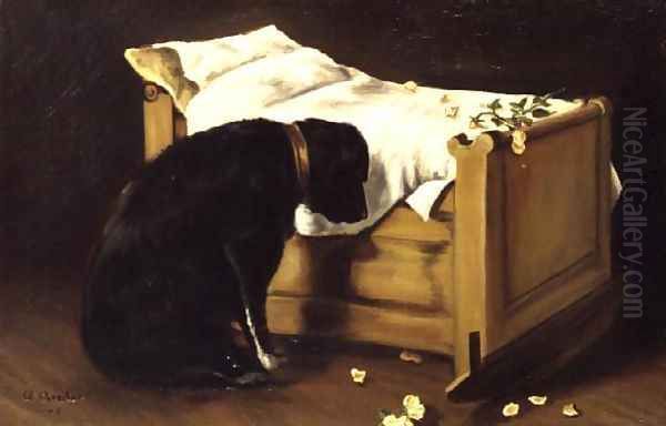 Dog Mourning Its Little Master, 1866 Oil Painting by A. Archer