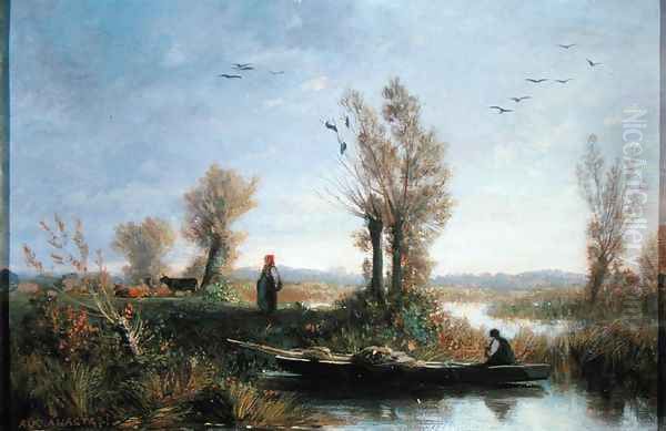 The Banks of a Canal Oil Painting by Auguste-Paul-Charles Anastasi