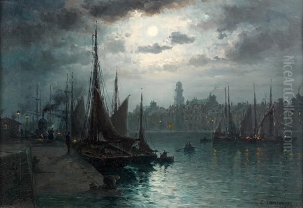 Marine Au Clair De Lune Devant Le Port D'amsterdam Oil Painting by Louis Timmermans