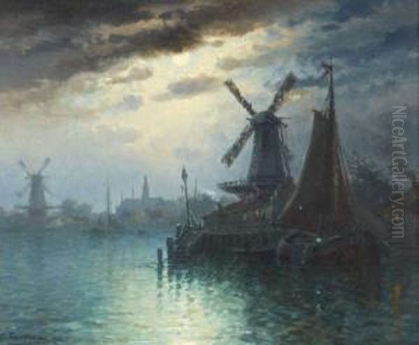 Canal Hollandais Avec Effet De Lune Oil Painting by Louis Timmermans