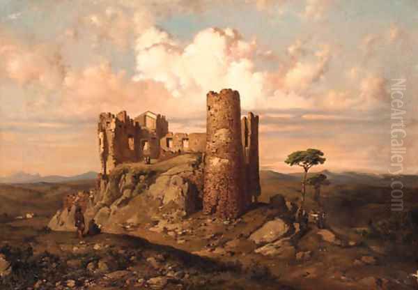 Figures among ruins with an extensive mountainous landscape beyond Oil Painting by Ramon (Marti) Alsina