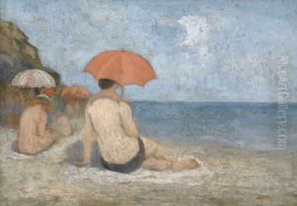 Frau Mit Rotem Sonnenschirm An Einem Normannischen Strand Oil Painting by Nicolae Tincu